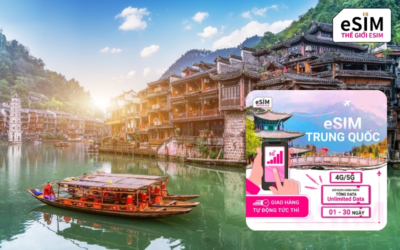 Sở hữu eSIM giúp truy cập mạng xã hội không chặn và định vị dễ dàng tại Phượng Hoàng Cổ Trấn.